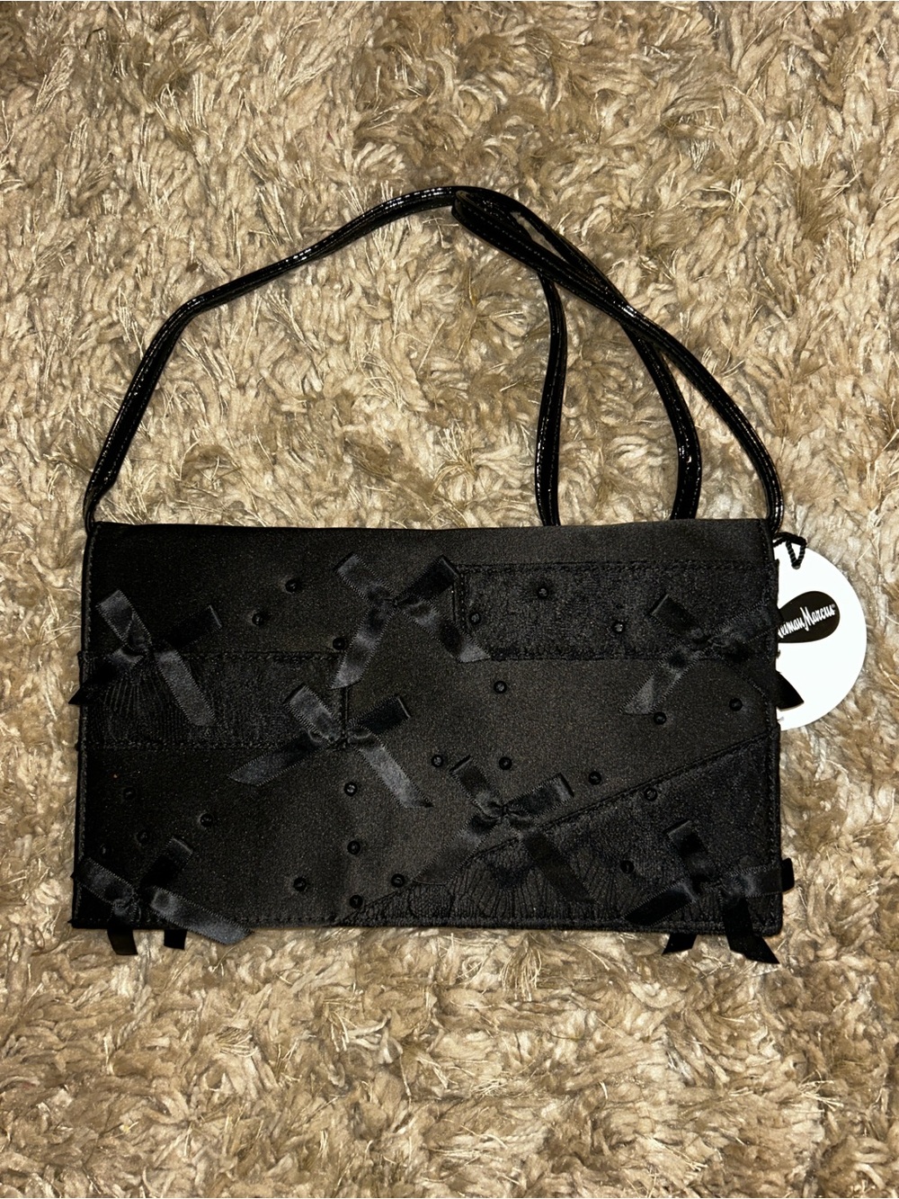 Prabal Gurung Black Satin Bow-Accent Evening Clutch with Shoulder Strap